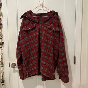 Vintage XL red and brown plaid pullover sweatshirt with corduroy collar